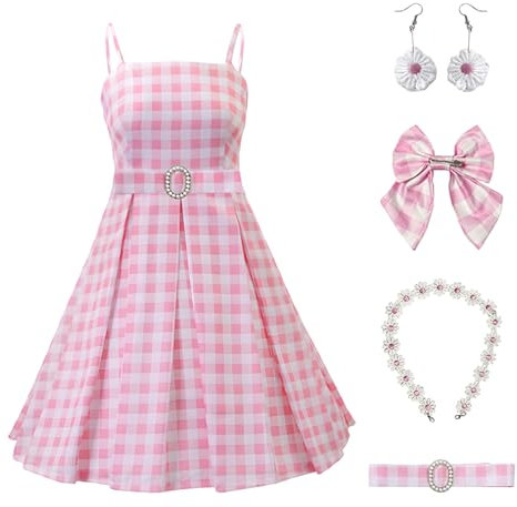 Vestito da Principessa Rosa Plaid per Bambina,Costume Cosplay Principessa Rosa Plaid per Bambina,The Film Costume con Accessori Fiocco, Cintura, Collana, Orecchini,Vestito Halloween (150, bambino)