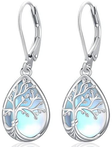Boucles d'oreilles Pierre de lune, Boucles d'oreilles Pendantes Arbre de vie en Argent Sterling 925 pour Femmes Filles, Boucle d'oreille Dangle Hypoallergéniques Bijoux Cadeaux pour Maman Petite Amie