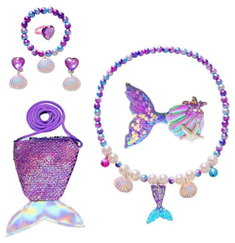 IUDWCG 7 Stück Meerjungfrau Kinder-Schmuck-Set, Schmuck-Box, Tasche, Halskette, Ohrringe, Armband, Ringe - Geschenke für Mädchen 3+ Jahre Alt