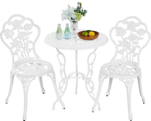 Yaheetech Set di Tavolo e Sedie da Giardino 3 Pezzi con 2 Sedie Bistrò Veranda Set Mobili Balcone Motivo a Rosa Vintage in Alluminio Bianco