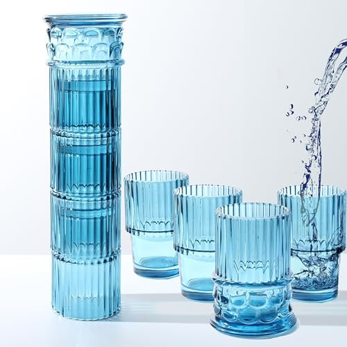 Handgefertigtes stapelbares Set mit 4 Gläsern mit römischen Säulen, Trinkgläser, natürliches blaues Glas, witziges Geschenk, Dinner-Party, Cocktail, Wasser, Saft, Kaffee, Tassen, 4 Stück, 250 ml