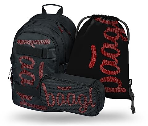 Baagl Schulrucksack Set Jungen Mädchen 3 Teilig, Schultasche ab 3. Klasse, Grundschule Ranzen mit Brustgurt, Ergonomischer Schulranzen (Skate Red)
