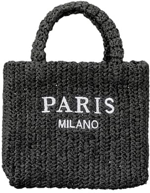 OWGSEE Stroh-Strandtasche für Damen, Sommer, gewebte Tragetasche, verstaubare Stroh-Geldbörsen und Handtaschen für Urlaub, Urlaub, S-schwarz, Small
