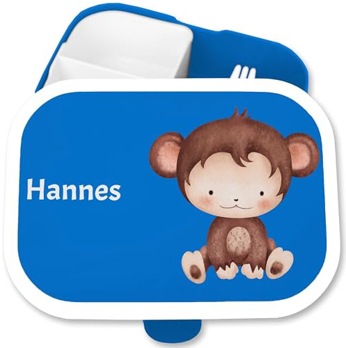 Brotdose Kinder Campus für Mepal - Süßer Affe mit Name personalisiert I Niedliches Affenmotiv - 750 ml - Blau - affen niedliche fächern