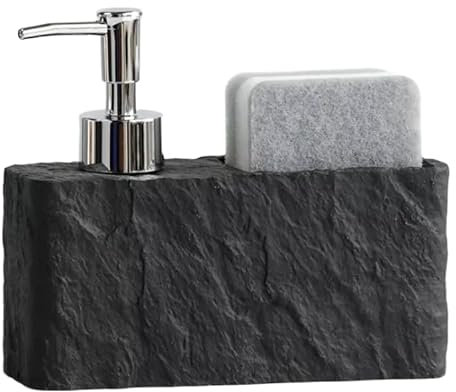 ResinStone - Dispenser di sapone da cucina/bagno, elegante per lavare le mani, detersivo per piatti, portasapone e spugne, organizer 2 in 1 per lavello da cucina (pietra nera)