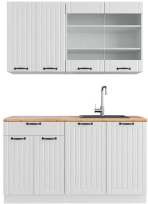 Vicco Singleküche Fame-Line, Küchenzeile Single, Weiß Landhaus/Weiß, 140 cm, AP Eiche