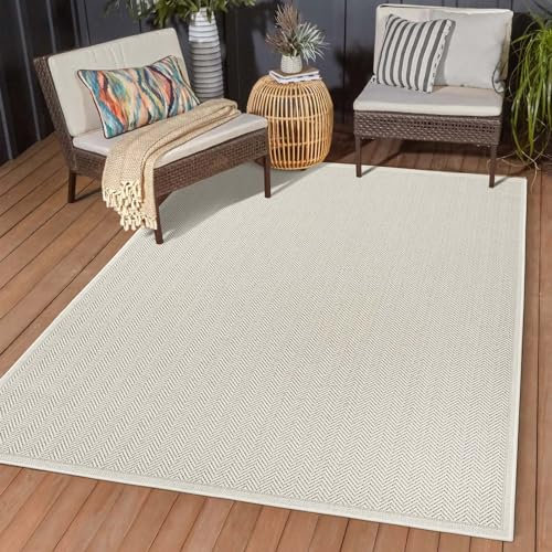 In & Outdoor Kurzflor Teppich Küchenteppich wetterfest auch für Balkon und Terrasse modern Boho Skandi Creme grau beige 240x340 cm