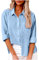 Leinen T-Shirt Damen Elegant, Langarm Hemd Bluse Top Einfarbig Basic, Sommer Revers, Blau, M