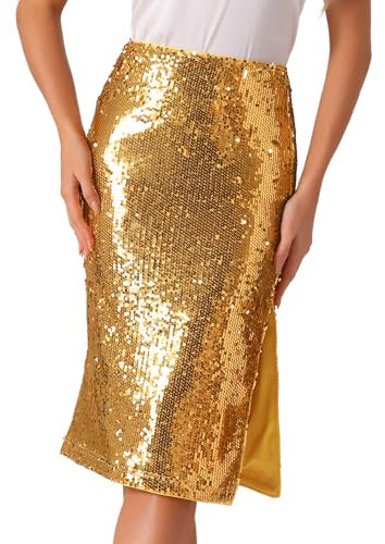 Allegra K Damen Glitzer Pailletten Rock Seitenschlitz Hohe Taille Party Club Midi Bleistiftrock, gold, M