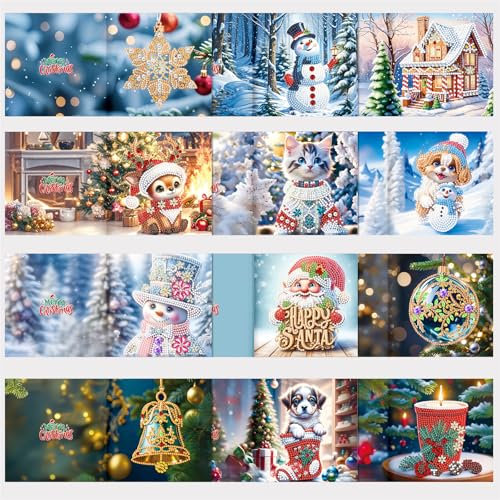 FILOEEX 12 Stück DIY Weihnachten Diamant-Malerei Karten,5D Weihnachten Diamond Painting Set,Weihnachtskarten Set mit Umschlag,DIY Diamant Malerei Weihnachten Karten for Familie,Freunde (MIX-B)