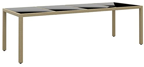 Iiaky Gartentisch mit Glasplatte Beige Poly Rattan Gartentisch Wetterfest Tisch Garten Outdoor Gartentisch Outdoortisch