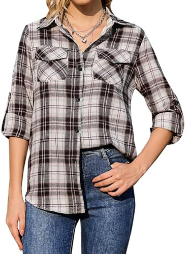 Aottori Chemisier à Carreaux Femme Coton Chemise Flanelle Chic avec Bouton Classique Blouse Bucheron Western Décontractée Retro Ecossaise Casual Vintage Blouse Noir Rose S