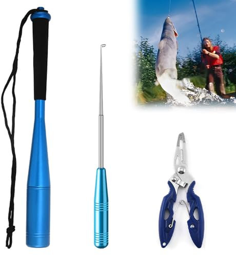 Dhqkqg 3 Sets Fishing Fischtöter, Fischbetäuber, 24.5cm Aluminium Fisch Totschläger mit Angelzange Hakenlöser Angeln, Angelzubehör für Anfänger Angler Raubfische zum Spinnfischen für Anfänger Outdoor