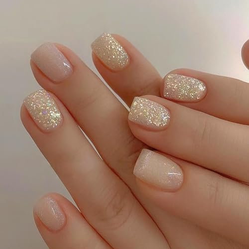24pcs Glitter Short Square False Nails, Stick-On & Removable Full Cover Fake Nails with Adhesive-on Technology for Women Nail Art