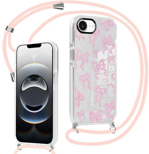 Kueqeay Handyband Handyhülle für iPhone 16e/SE 4/SE 2025 Hülle 6,1 mit Band, Transparent Aesthetic Schleife Rosa Handyhülle mit Kordel Cover zum umhängen Necklace Case Silikon PC Schutzhülle, 04