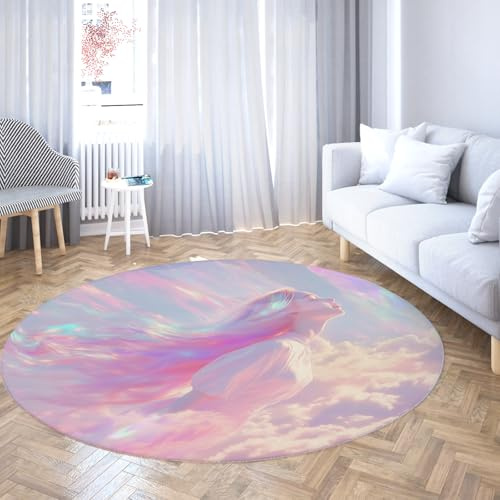 TOANGWALL Rosa Farbverlauf Runde Teppiche 200cm Schöne Frau Abstrakte Wolke Waschbar Rutschfester weicher niedrigfloriger Wurf Kreis Teppich für Wohnzimmer Gästezimmer
