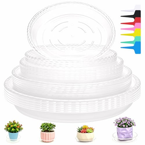 25 Stück Blumentopf Untersetzer, Rund Pflanzen Untersetzer, Transparent | 11.5/13/15/17cm Kunststoff Untersetzer Blumentopf mit 28 Etiketten, Blumenuntersetzer für Innen und Außenpflanzen