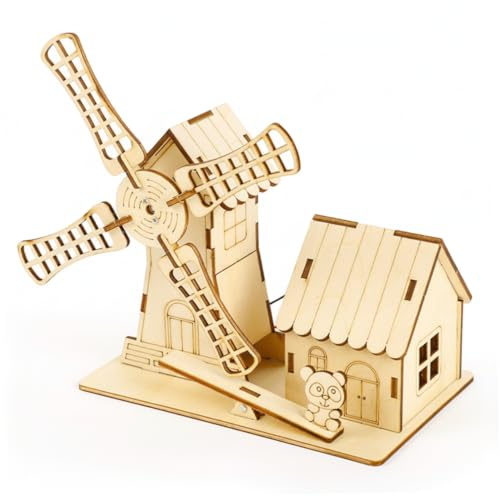 3D Wooden Puzzles for Kids Solar-Powered Windmill Model House Building Kit - Steam Educational Diy Craft with Panda Seesaw, Model House Building Kit