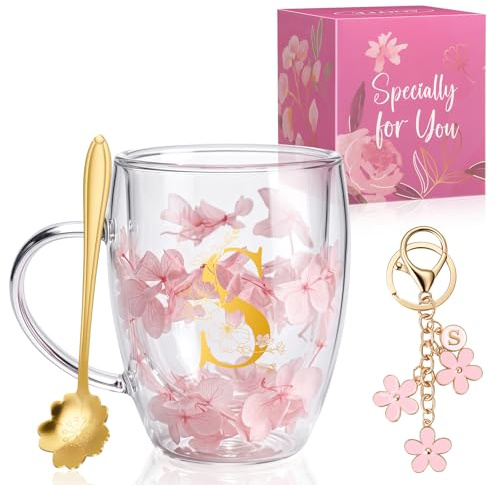AOOTE Dried Flowers Double Wall Glass, 350ML Dried Flowers Tea Cups with Handle and Spoon, Flower Keychain, Gifts for Women Glass Coffee Mug for Christmas Valentines Day Mothers Day