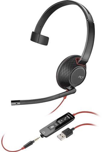 Plantronics Blackwire C5210 - Auricular Monoaural Profesional De Oficina, 3,5mm, USB, Conectividad Universal y Cancelación de Ruído (Negro)