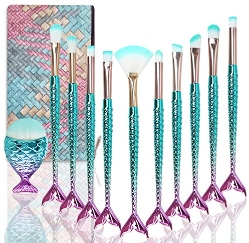 Set Pinceaux Maquillages Sirènes, Kit Pinceaux Maquillages Mignon, Pinceau Maquillage + Sac pour Fondations, Ombre à paupières, Fards à joues, Filles Cadeau Noël et Anniversaire (11PCS)