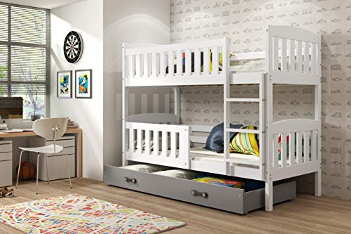 Interbeds Etagenbett Hochbett QUBA 90x200cm aus Kiefernholz, Farbe: WEIß ; Kinderbett mit Matratzen und Lattenroste (weiß + graue Schublade)