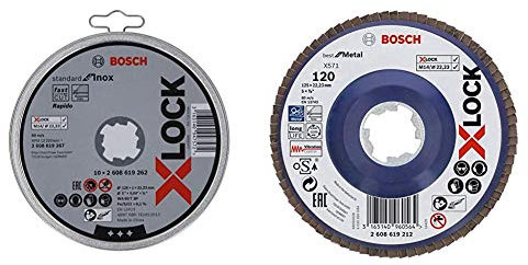 Bosch X-Lock Trennscheibe Standard for Inox, W A 60 T BF, Ø 125 mm, gerade+gerade Fächerschleifscheibe Best (für Metall, X-LOCK, X571, Ø125 mm, Körnung K120, BohrungsØ 22,23mm)