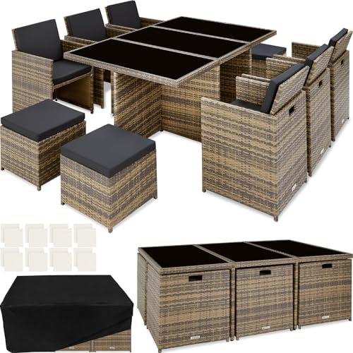 tectake Polyrattan Gartenmöbel Set, Sitzgruppe mit 6 Stühle +1 Glasplatte Tisch + 4 Hocker, Gartenlounge Set klappbar, für bis zu 10 Personen, Balkon Möbel, inkl. 2 Bezugsset - Natur