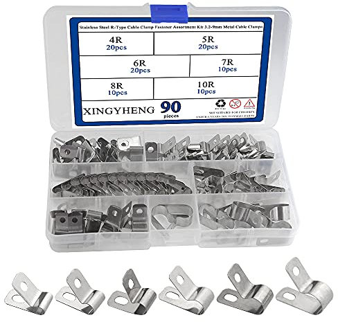 XINGYHENG 90 Stück Edelstahl R-Type Kabelklemmen Befestigungssortiment Kit 3,2–9 mm Metall Kabelklemmen für Drahtrohr Kunststoff Draht Schnur Clip Fixer Draht Management