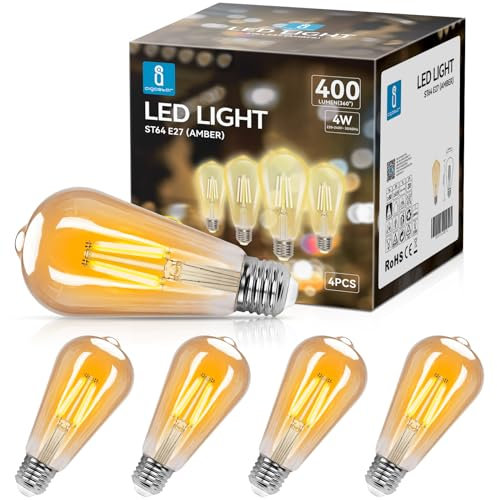 Aigostar ST64 Bombilla Edison Estilo Vintage. Bombilla Led E27 (Casquillo Gordo, 4W (Equivalente A 38W), Bombilla De Filamento Led Blanco Cálido (2200K). Ángulo De Haz 280º. No Regulable. Pack 4 Uds