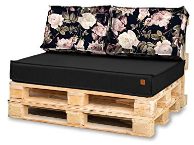 Bielik Palettenkissen 120 x 80 Set für Palettenmöbel | Wasserdicht Europaletten Sitzkissen Made in EU | Palettensofa komplett besteht aus 3 Teilen in Farbe: Dunkelgrau (Sitz +2 Kissen Schwarz + Rosen)