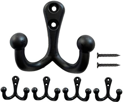 Mokife Ganci Appendiabiti Neri, 5 Pezzi Vintage Doppi Attaccapanni da Parete Rustici Metallo Gancio Anticato Ganci Appendi Cappotto per Cucina Camera da Letto Bagno Ufficio Toilette