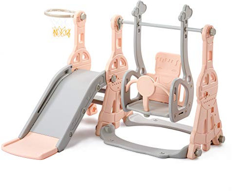 Merax 4 in 1 Kinderrutsche Schaukel Basketballkorb, Schaukel mit Rutsche und Kletterleiter für Indoor Outdoor Hinterhof, Kinder Spielplatz Slide Gartenrutsche, einfach aufstellbare, Rosa