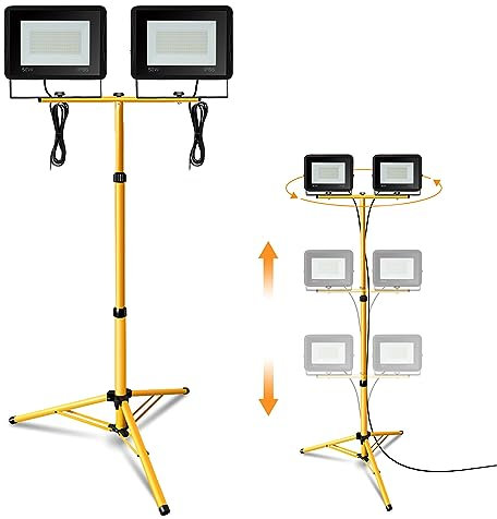 Jiubiaz LED Baustrahler mit Stativ, 2x50W 4250LM Arbeitsstrahler inkl. Höhenverstellbar Stativ und 1m Kabel, LED Fluter 3000K Warmweiß Wasserdicht IP66 Baulampe für Werkstatt (kein Stecker)