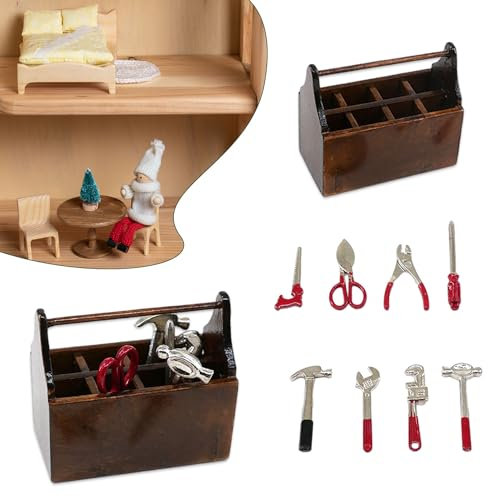 RYAN 1 Stück Puppenhaus Zubehör Holz Miniatur Werkzeugkasten 1:12 Miniatur Deko mit 8 Verschiedene Metallwerkzeuge Simulation Ornament Dekor für Puppenhaus Gartengeräte