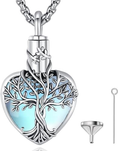 EUDORA Harmony Ball Lebensbaum mit Herz Mondstein Asche Urnen Kette für Damen Sterling Silber 925,Einäscherung Schmuck Memorial Urn die Asche, Andenken Beerdigung Medaillon Anhänger, 20 Zoll