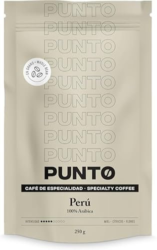 PUNTO - Café de Especialidad Arábica en Grano - 250 g - Tueste Natural de Perú - Aroma a Miel, Cítrico y Flores - Sabor Afrutado y Cuerpo Medio - Intensidad 5 de 10