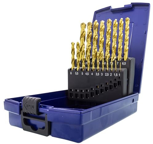 TJR® Set di 19 punte elicoidali per trapano HSS TiN 1-10 mm 0,5 mm, autocentranti in metallo, DIN 338, tipo N 118°, per profili in acciaio inossidabile, acciaio, alluminio con massima