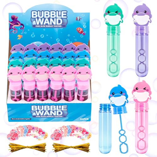 ilauke 24 Stück Seifenblasen Kinder, Mini Seifenblasen Set, 4 Farben Delfin Seifenblasen Kleine mit 24 Karten und Bindegurte, für Hochzeit, Kindergeburtstag, Standesamt, Polterabend,Kinderparty