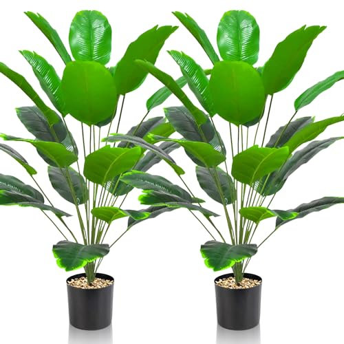 Lighterday Juego de 2 plantas artificiales para interiores, 90 cm, árbol decorativo, 24 hojas de alto, plantas de plástico para oficina, hogar, decoración interior y exterior (2 macetas de plátano