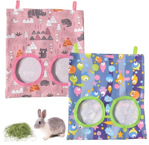 EIH 2 Stück Kaninchen Heuraufe,Meerschweinchen Heuraufe,Futterspender Kleintiere Heutasche Futtersack,Meerschweinchen Zubehoer,Hasen Zubehör,für Hase,Chinchilla,Hamster,Kleine Tiere(M)