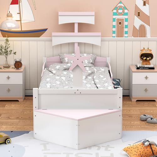 Lexiou Kinderbett aus Holz 90x200cm, Segelbootform, mit ausziehbares Bett, Stauschrank am Bettende, Einzelbett, Kinderbett (Rosa)
