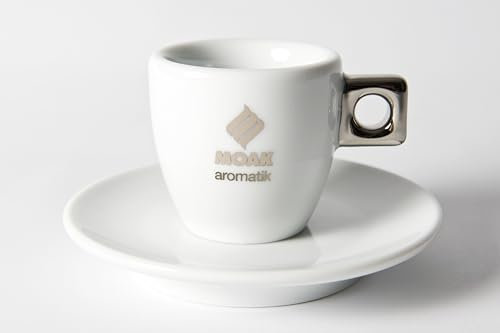 Caffè Moak Aromatik Espressotasse mit Untertasse 6er Set, Espressotassenset (12-teilig), Hochwertige Keramik aus Italien, Glänzend Weiß, Espresso Tassen mit Chrom-Silber Motiv, Perfekte Größe 59 ml