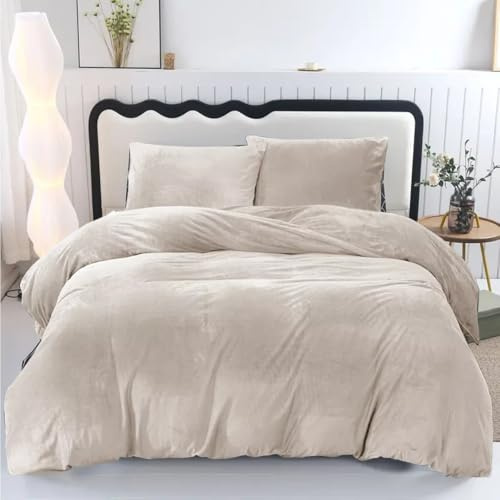 ZIYA HOMES Velvet Duvet Cover Set Super King - 3 Piece Luxury Crushed Velvet Bedding, Soft Plush Warm Quilt Cover with Pillowcases, Beige