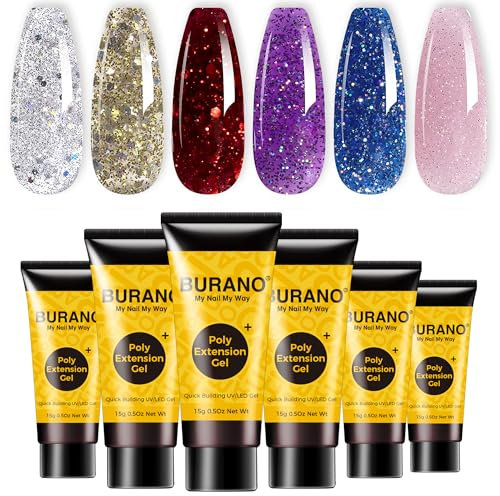 BURANO Poly Extension Gel Nail Kit, 6 Colors Nail Poly Nails Builder Gel Set for Beginner & Professional Using, DIY Starter Kit Nail Art Gift (Glittery)