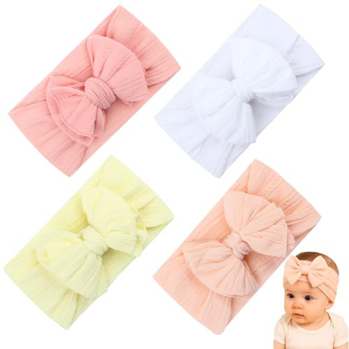 Huybaa Lot de 4 Bandeaux pour Bébé Fille 0-3 Mois - Doux en Nylon Élastique - Blanc, Beige, Rose, Pêche - Accessoires Cheveux Nouveau-né