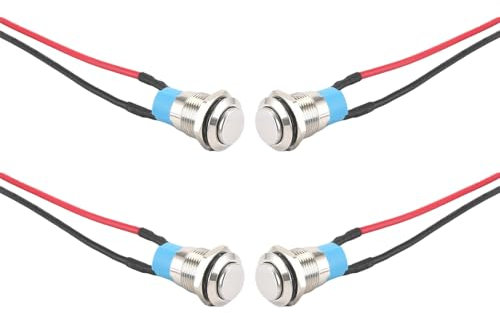 Leloco 4 Stück Wasserdichte Drucktaster Verriegelung Druckschalter, Selbstsichernder Edelstahl Taster Schalter 12V/230V, 12MM mit 15-cm-Kabel für Autos, Haushaltsgeräte, Industrieanlagen usw
