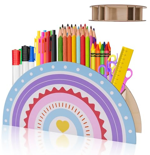 FORYNXHWIN Regenbogen Stiftehalter, Holz Stiftebox Kinder Stifteköcher, Multifunktions Tisch-Organizer für Kinder mit 5 Fächern, Kreativ Stiftebox für Büromaterial, Schule, Home Office & Klassenzimmer