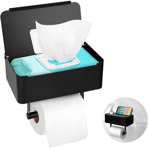 TOSUTO Toilettenpapierhalter mit Feuchttücherbox,Klopapierhalter mit Ablage,Fester Halt durch Bohren,robuster Carbon Steel,Klorollenhalter – Alles griffbereit an einem Platz (Schwarz)