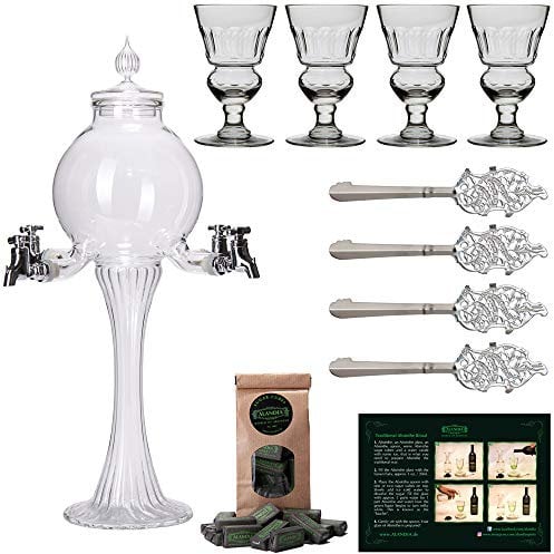 ALANDIA Absinth Zubehör Set 1X Absinth Fontäne Boule | 4X Absinth-Gläser | 4X Absinth-Löffel | 1X Absinth-Zuckerwürfel